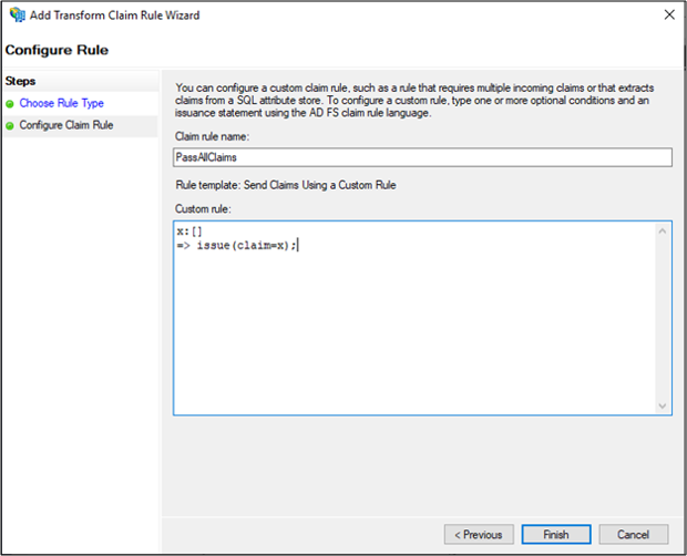 Second screenshot of the Configure Rule page of the Add Transform Claim Rule Wizard showing the configuration explained above.