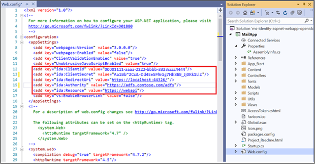 Capture d’écran du fichier Web.config montrant les valeurs modifiées.