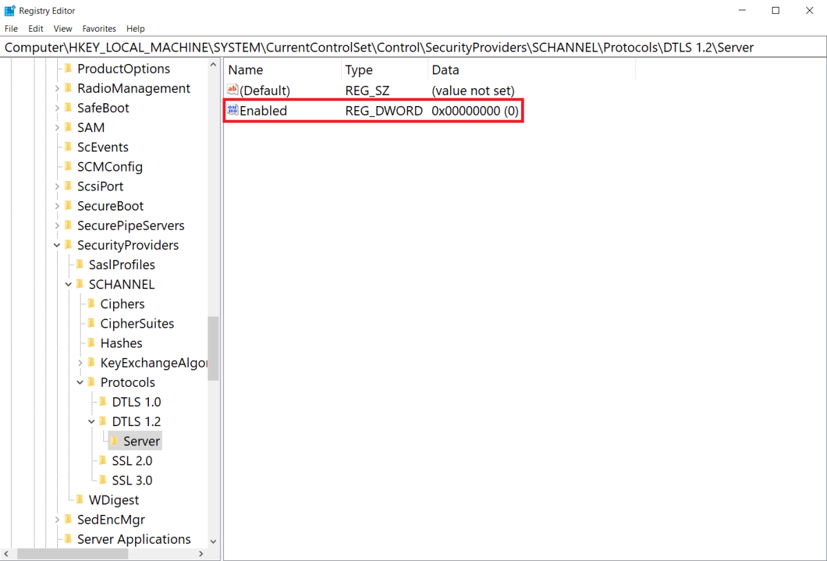 Capture d’écran du paramètre de Registre Windows Server pour DTLS 1.2 défini sur Désactivé par défaut.
