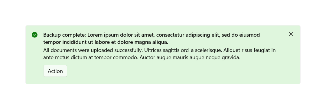 Exemple de contrôle InfoBar dans l’état de succès avec un titre et un message sur plusieurs lignes InfoBar