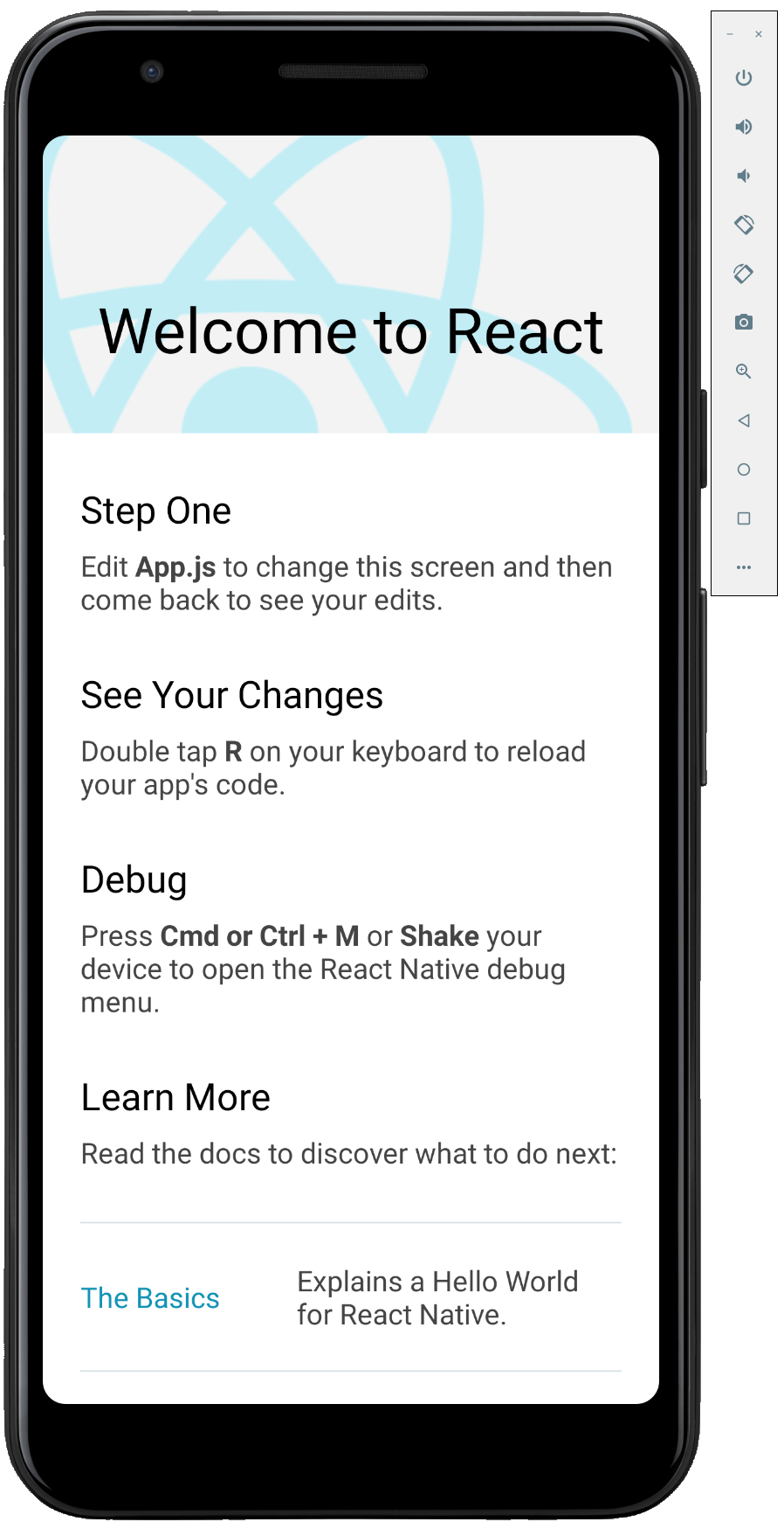 Capture d’écran de l’application React Native par défaut, s’exécutant dans un émulateur Android
