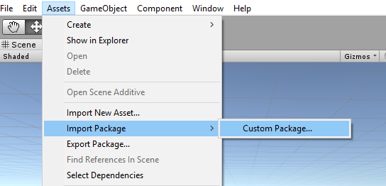 Capture d’écran du tableau de bord Unity, qui montre les éléments de menu Importer le package et Package personnalisé en surbrillance.