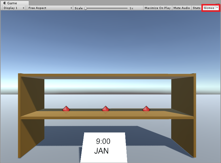 Capture d’écran de la fenêtre Scène Unity, qui montre l’élément de menu Gizmos mis en surbrillance dans la navigation supérieure.