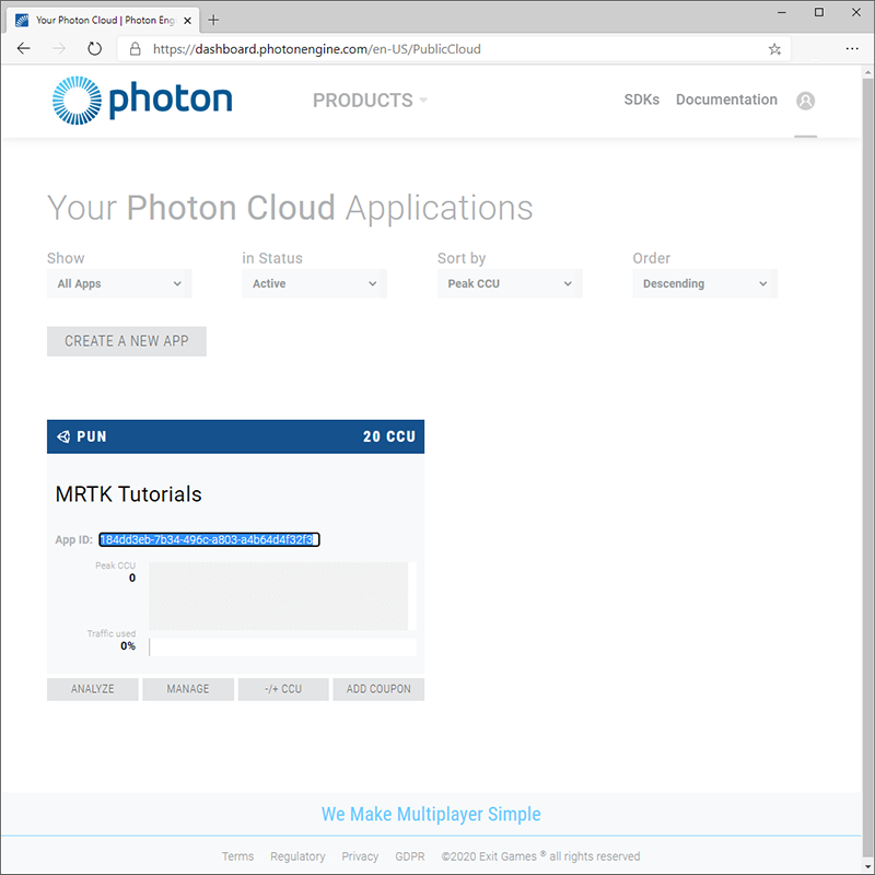 Page de l’application Photon avec l’ID d’application sélectionné