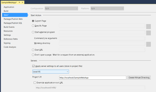 Capture d’écran de l’onglet web dans les propriétés du projet