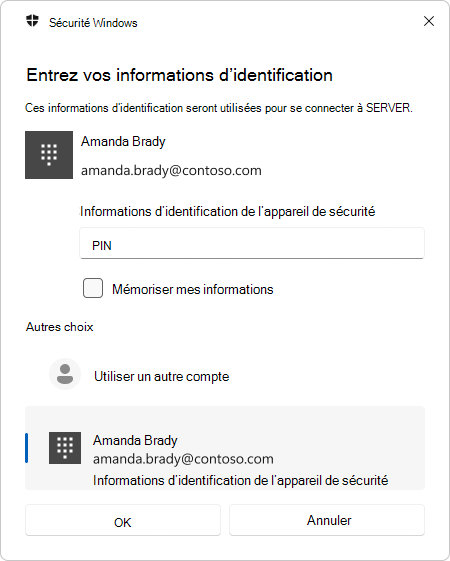 Capture d’écran de l’invite d’authentification connexion Bureau à distance à l’aide d’un code confidentiel.