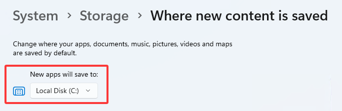 Image des paramètres système pour installer les applications sur le lecteur C: (Windows&nbsp;11)