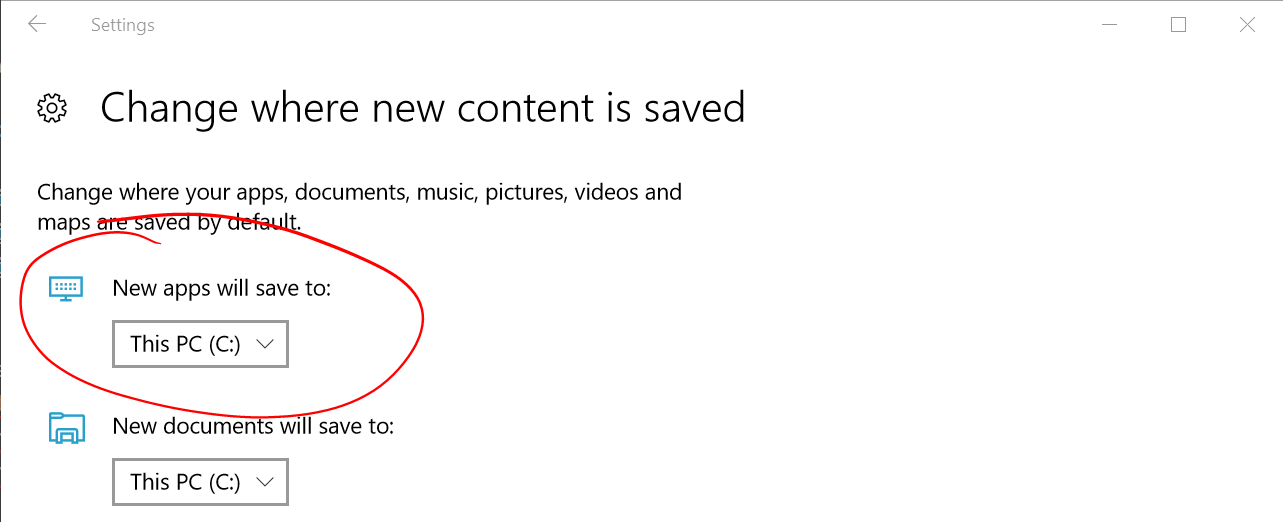 Image des paramètres système pour installer les applications sur le lecteur C: (Windows&nbsp;10)