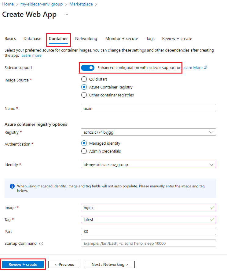 Capture d’écran montrant les paramètres de conteneur pour l’application web conteneur personnalisée Linux.