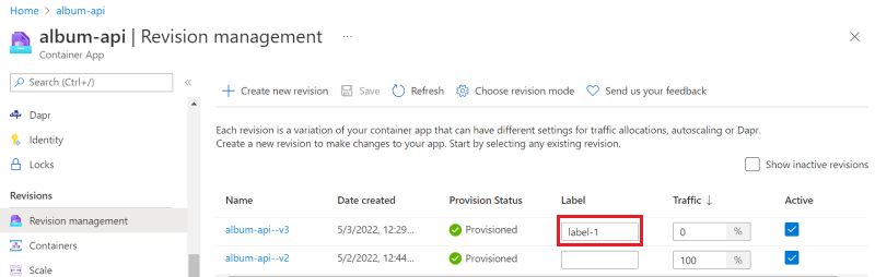 Capture d'écran de la gestion des révisions des Container Apps.