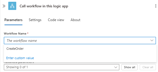 Capture d’écran montrant le flux de travail Standard, l’action appelée Appeler un flux de travail dans cette application de flux de travail, ouvrir la liste nom du flux de travail et les flux de travail disponibles à appeler.