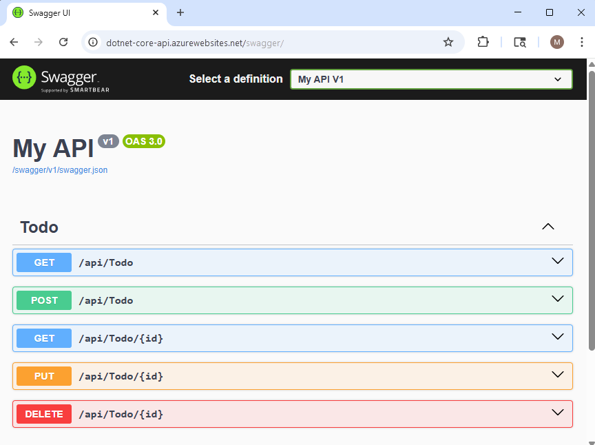 Capture d’écran d’une API ASP.NET&nbsp;Core exécuté dans Azure&nbsp;App&nbsp;Service.