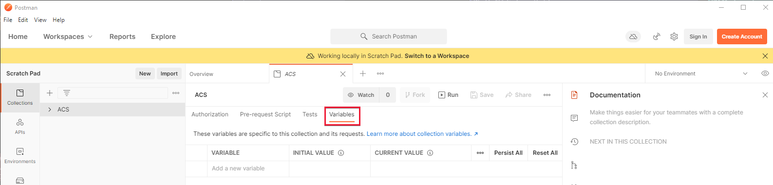 Capture d'écran montrant Postman avec l'onglet Variables d’Azure Communication Services.