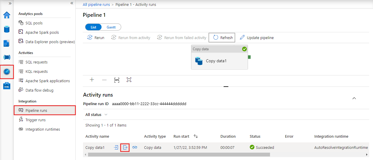 Montre comment rechercher la sortie d’une activité Copy dans Synapse Studio.