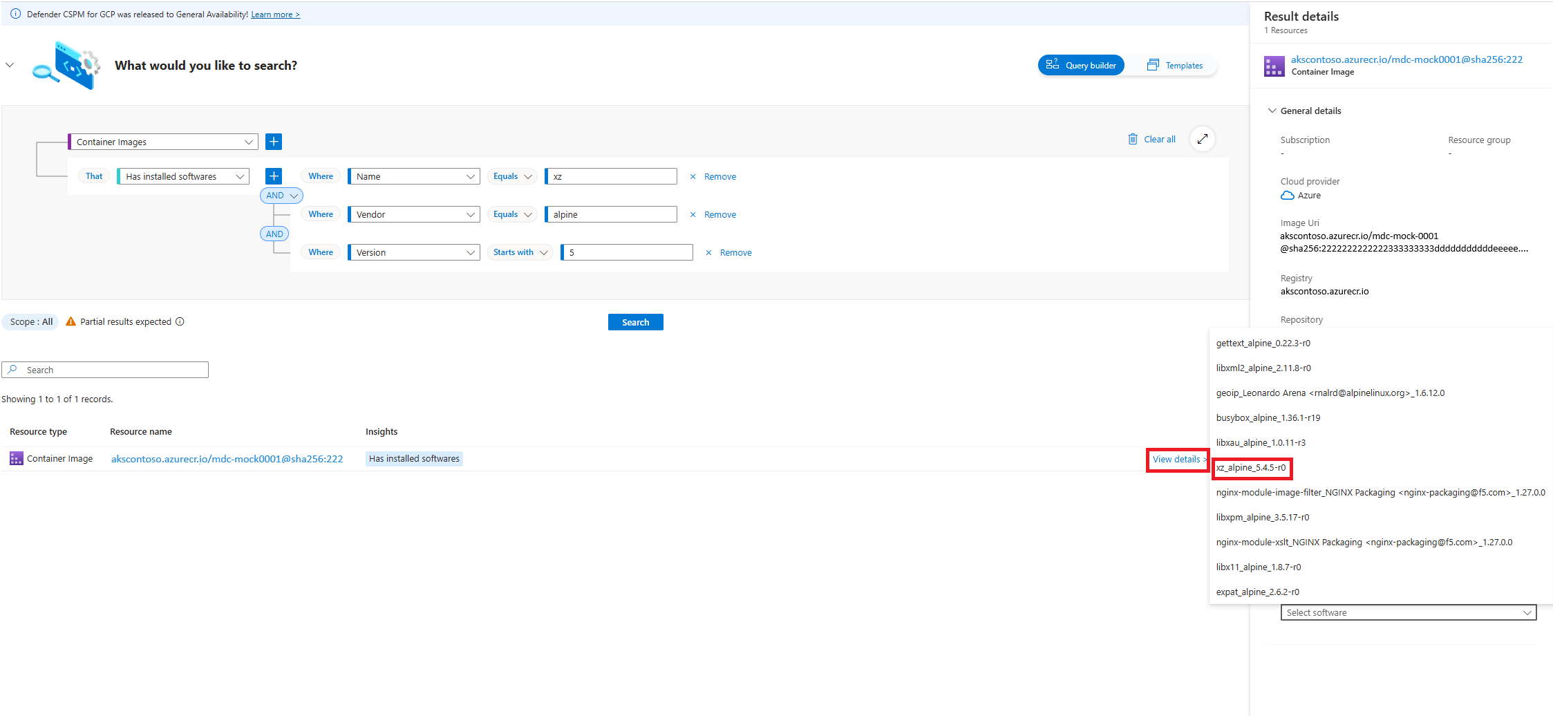 La capture d’écran montre les résultats de la requête de Cloud Security Explorer pour retrouver les images conteneur avec un logiciel installé.