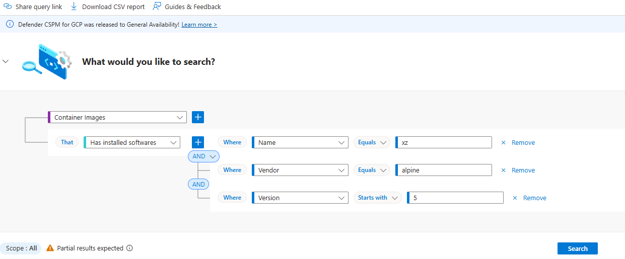 Capture d’écran des options de requête Cloud Security Explorer pour récupérer la liste des images conteneur avec un logiciel installé.
