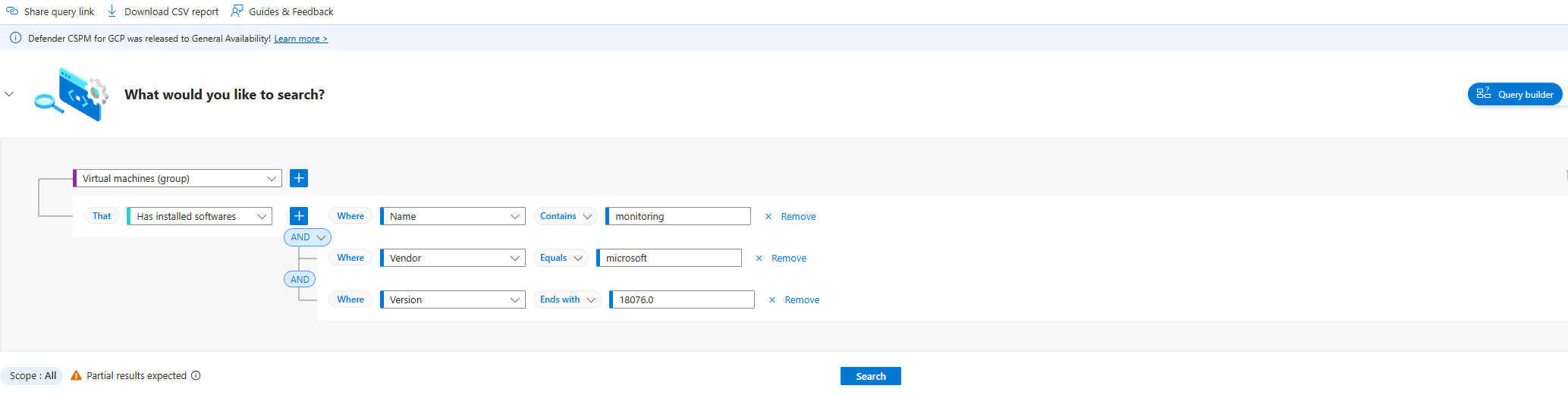 Capture d’écran des options de requête Cloud Security Explorer pour récupérer la liste des machines virtuelles avec un logiciel installé.