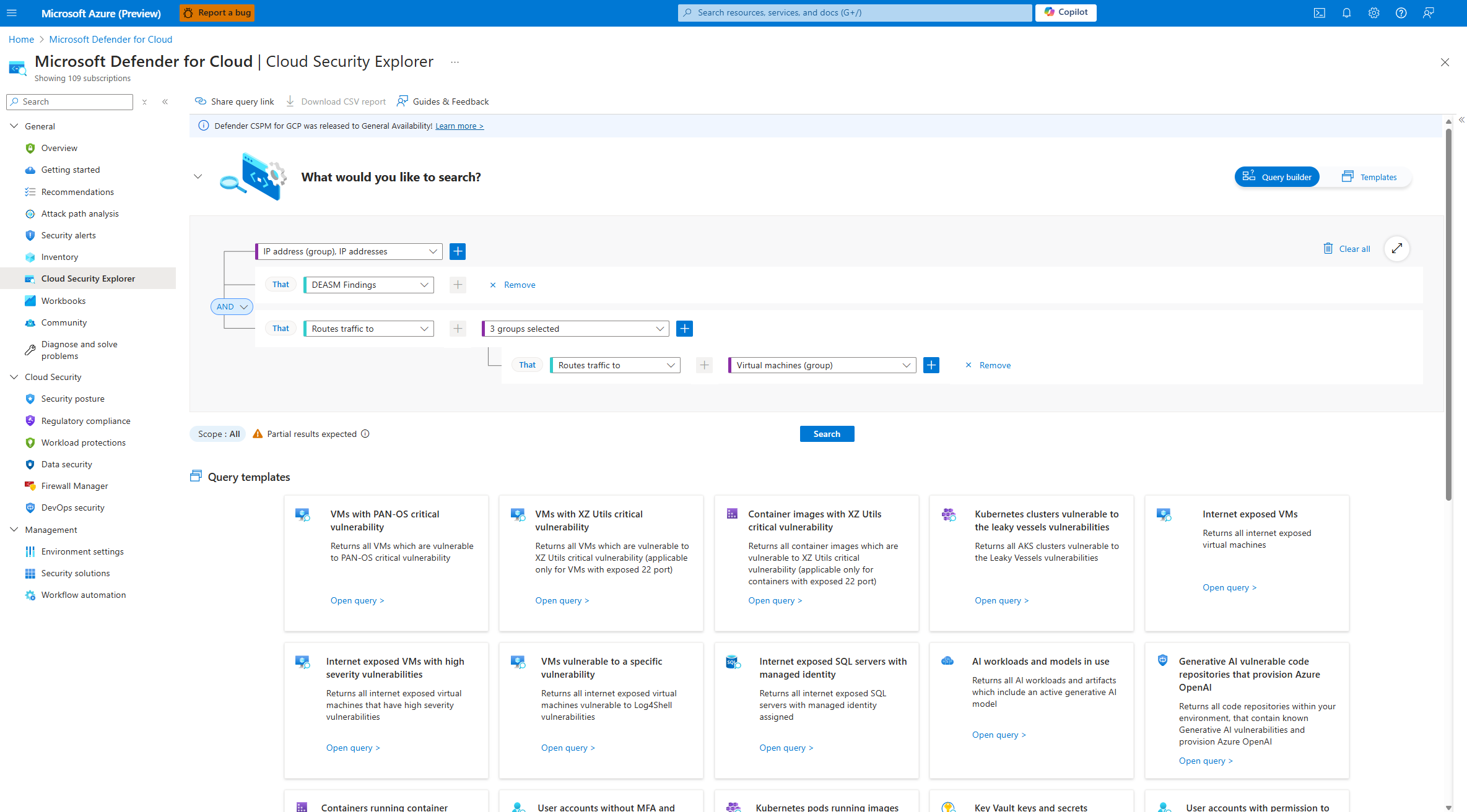 Capture d’écran de la page explorateur de sécurité cloud dans le portail Defender pour cloud.