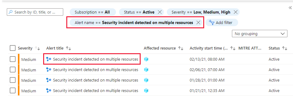 Liste des incidents dans la page d’alertes de sécurité dans Microsoft Defender pour le cloud.