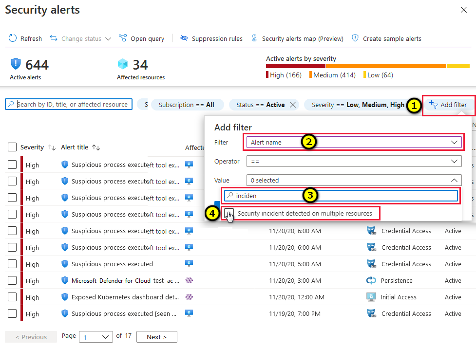 Recherche des incidents dans la page d’alertes de sécurité dans Microsoft Defender pour le cloud.