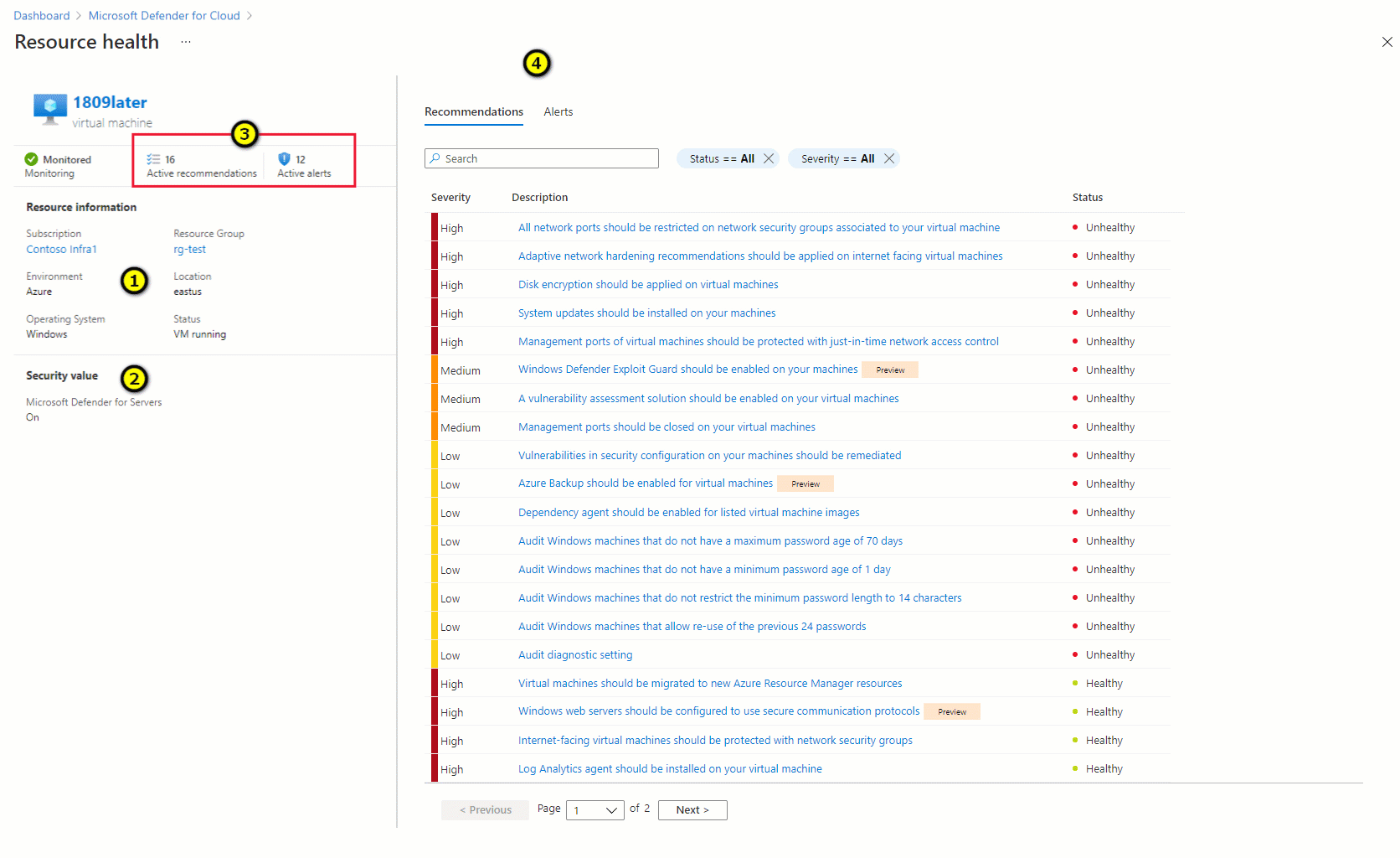 Azure Security Center page d'intégrité des ressources montrant les informations d'intégrité d'une machine virtuelle