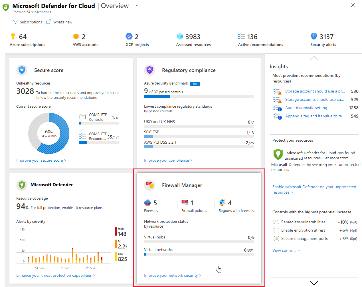 Security Center avec une vignette pour Pare-feu Azure