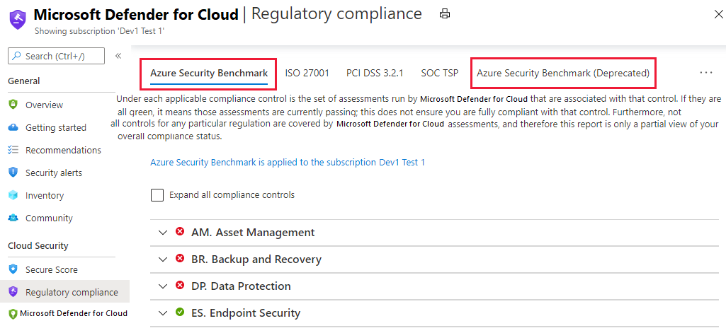 Azure Security Center tableau de bord de conformité réglementaire montrant le Azure benchmark de sécurité