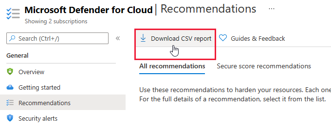 Bouton «&nbsp;Télécharger le rapport CSV&nbsp;» de Security Center pour exporter les données de recommandation.