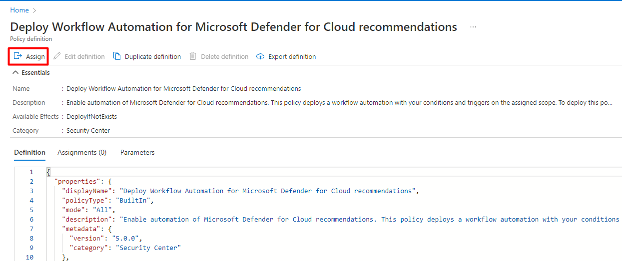 Capture d'écran montrant comment attribuer la stratégie Azure.