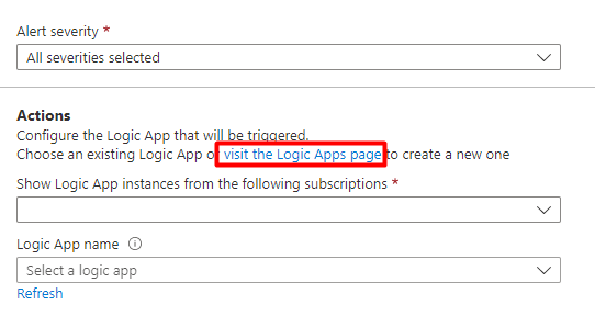 Capture d’écran montrant la section Actions de l’écran Ajouter une automatisation de flux de travail et le lien pour accéder à Azure Logic Apps.