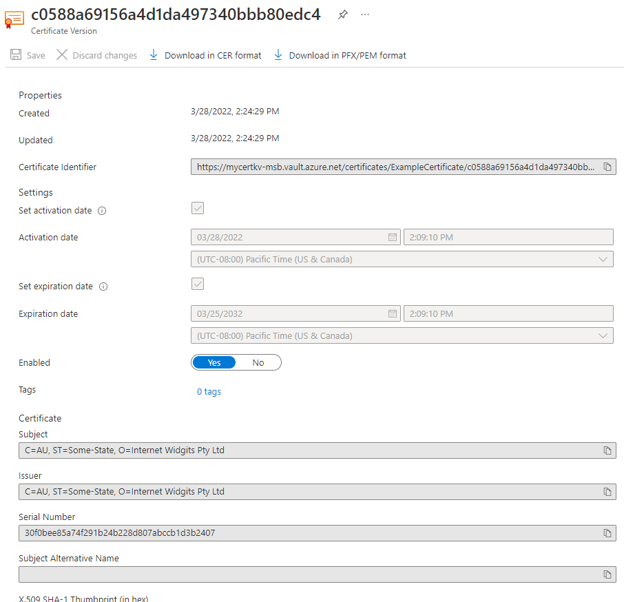 Properties d’un certificat nouvellement importé dans le portail Azure