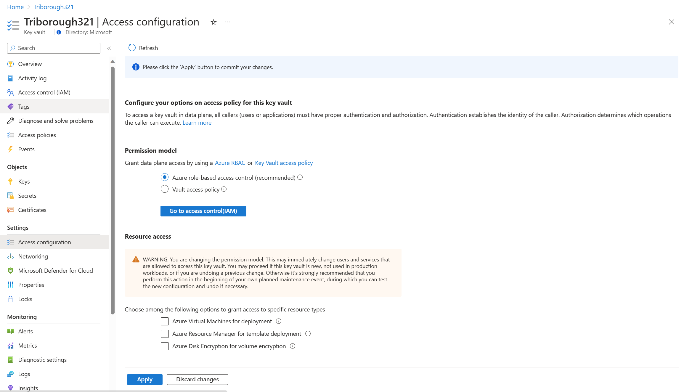 Activer les permissions RBAC d'Azure - coffre existant