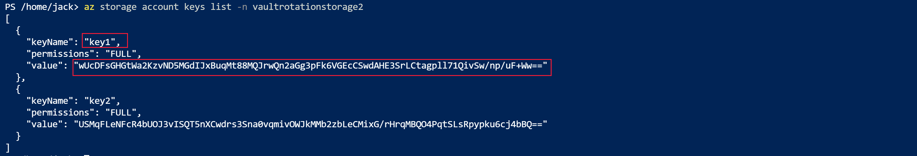 Capture d’écran montrant la sortie de la commande de liste des clés de compte de stockage A Z pour le deuxième compte de stockage.