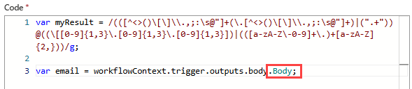 Capture d'écran montrant le flux de travail de l'application Logique de consommation, l'action Exécuter le code JavaScript et la propriété Corps renommée avec un point-virgule final.