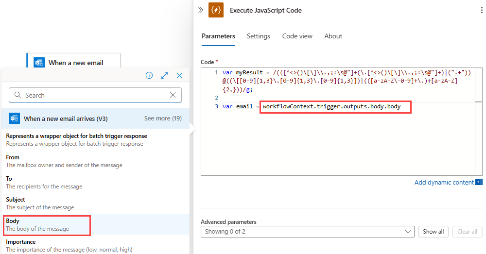 Capture d’écran montrant le flux de travail Consommation, l’action Exécuter le code JavaScript, la liste de contenu dynamique et la propriété Body du message électronique sélectionnée.
