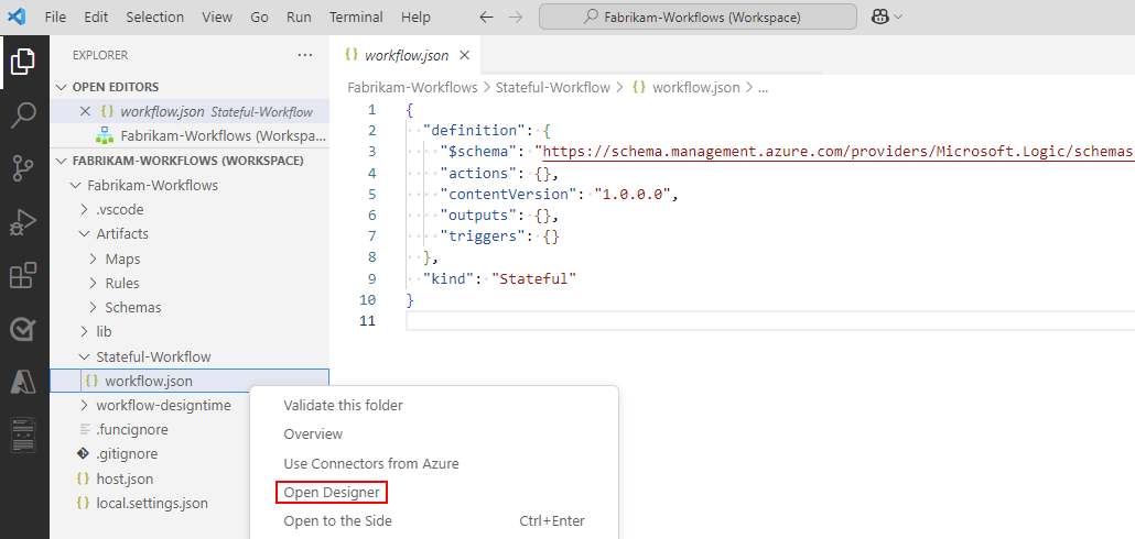 Capture d’écran montrant le volet Explorateur, le menu contextuel du raccourci de fichier workflow.json et l’option Ouvrir le Designer sélectionnée.