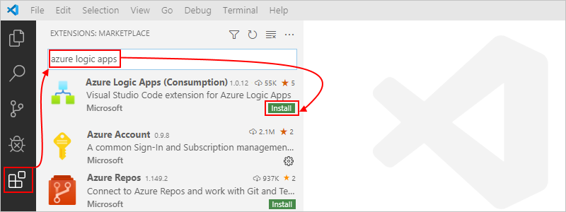 Recherche de l’«&nbsp;Extension Visual Studio Code pour Azure Logic Apps&nbsp;»
