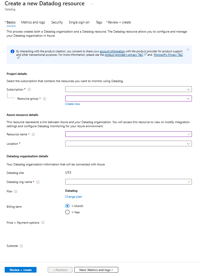 Capture d’écran de la ressource Créer une ressource Datadog dans les options Azure dans le volet de travail du portail Azure avec l’onglet Informations de base affichée.