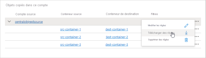 Capture d’écran montrant comment télécharger des règles de réplication dans un fichier JSON