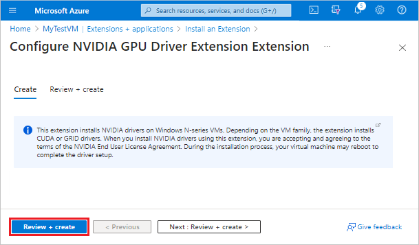 Screenshot qui montre comment créer l’extension de pilote GPU NVIDIA sur la machine virtuelle sélectionnée dans le portail Azure.
