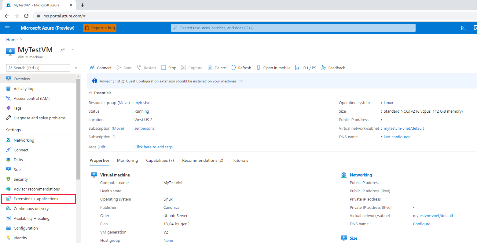 Screenshot qui montre la sélection des extensions dans le menu du portail Azure.