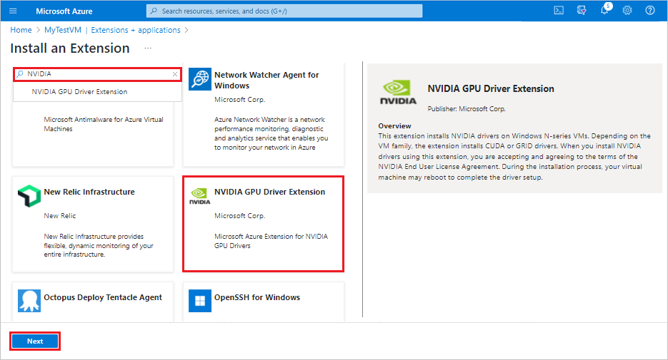 Screenshot qui montre comment localiser et sélectionner l’extension de pilote GPU NVIDIA pour une machine virtuelle dans le portail Azure.