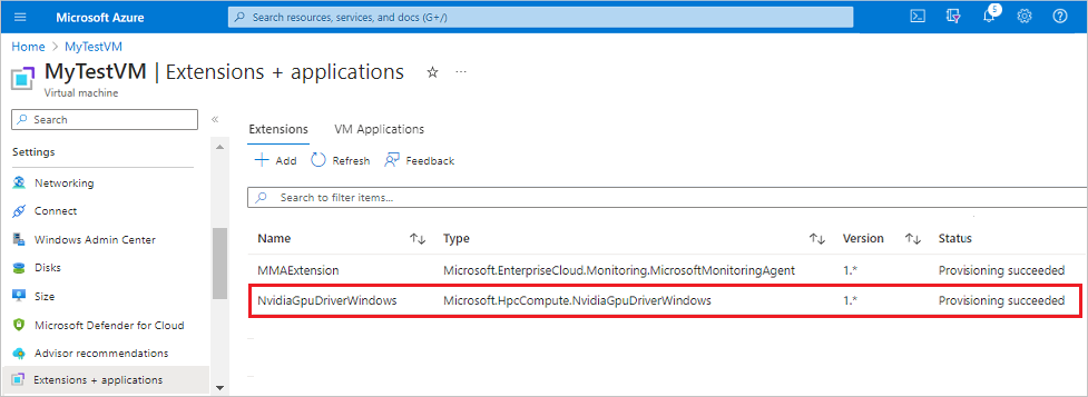 Screenshot qui affiche l’extension de pilote GPU NVIDIA dans la liste des extensions de la machine virtuelle dans le portail Azure.