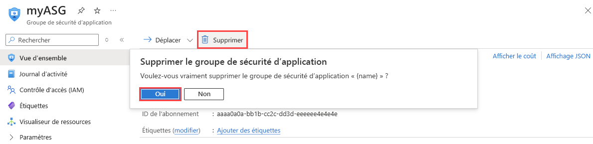 Capture d’écran de la suppression d’un groupe de sécurité d’application dans le portail Azure.