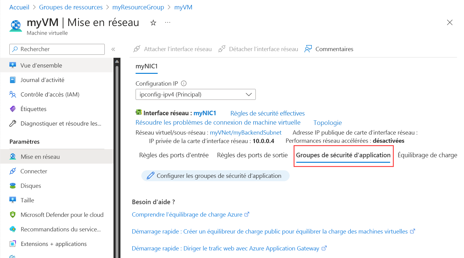 Capture d’écran de la configuration d’un groupe de sécurité d’application.