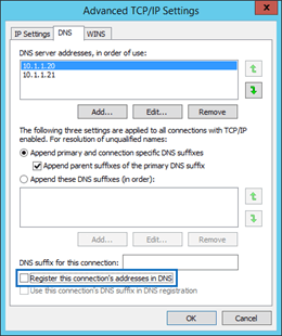 Onglet DNS dans la fenêtre Paramètres TCP/IP avancés.