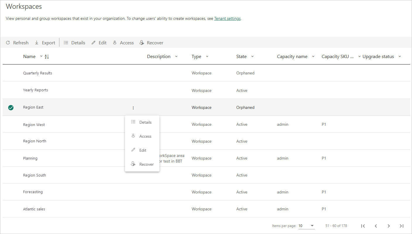 Capture d’écran montrant une liste d’espaces de travail Power&nbsp;BI dans le portail d’administration.