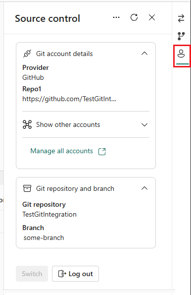 Capture d'écran de l'onglet des comptes dans le panneau de contrôle Source montrant les détails Git ainsi que les noms du dépôt et de la branche.