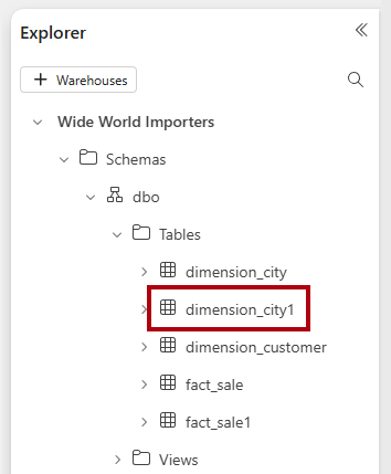 Capture d’écran du volet Explorateur, mettant en évidence la table dimension city 1.