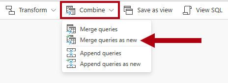 Capture d’écran du ruban Transformations avec le menu déroulant Combiner ouvert, et de l’endroit où sélectionner Fusionner les requêtes comme nouvelles.